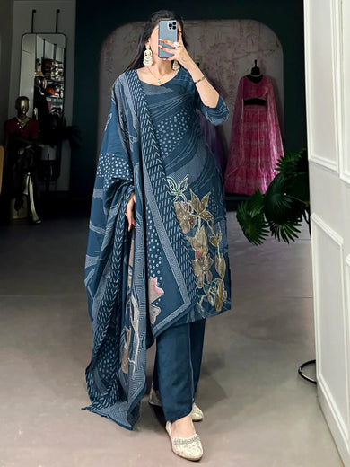 Marvelous Navy Blue Floral Printed Silk Casual Wear Palazzo Suit